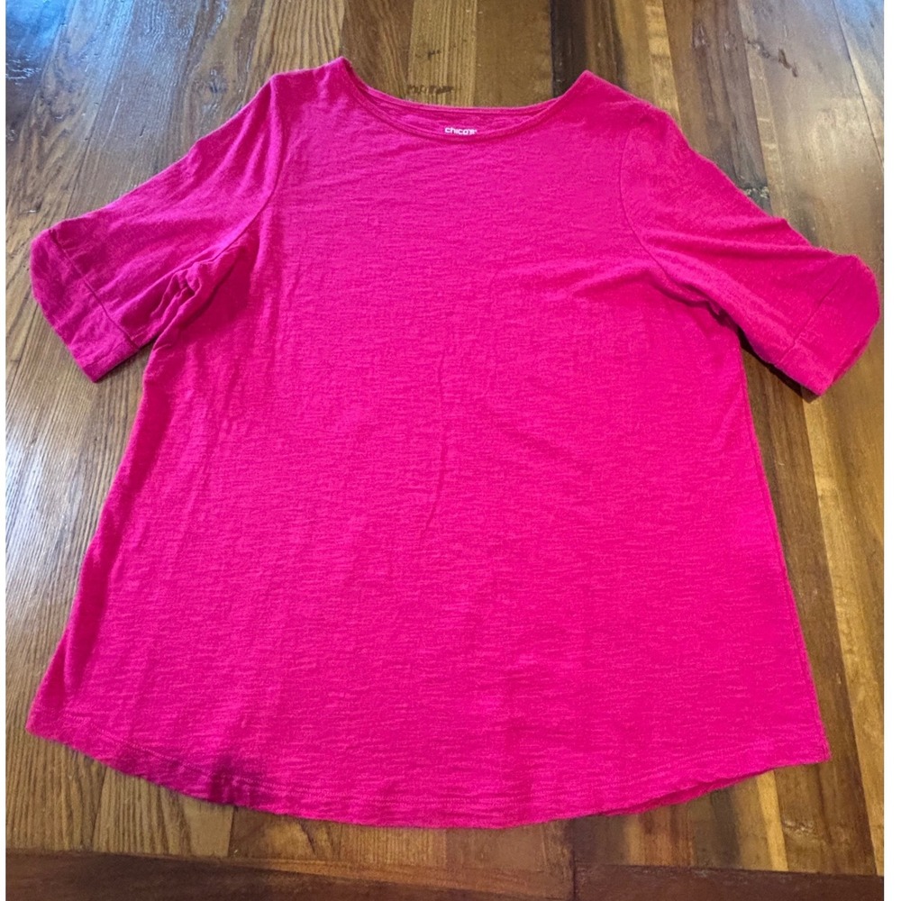 Chico's The Ultimate Tee Pink Slub Knit Button Tab Sleeve Top XL Size 3